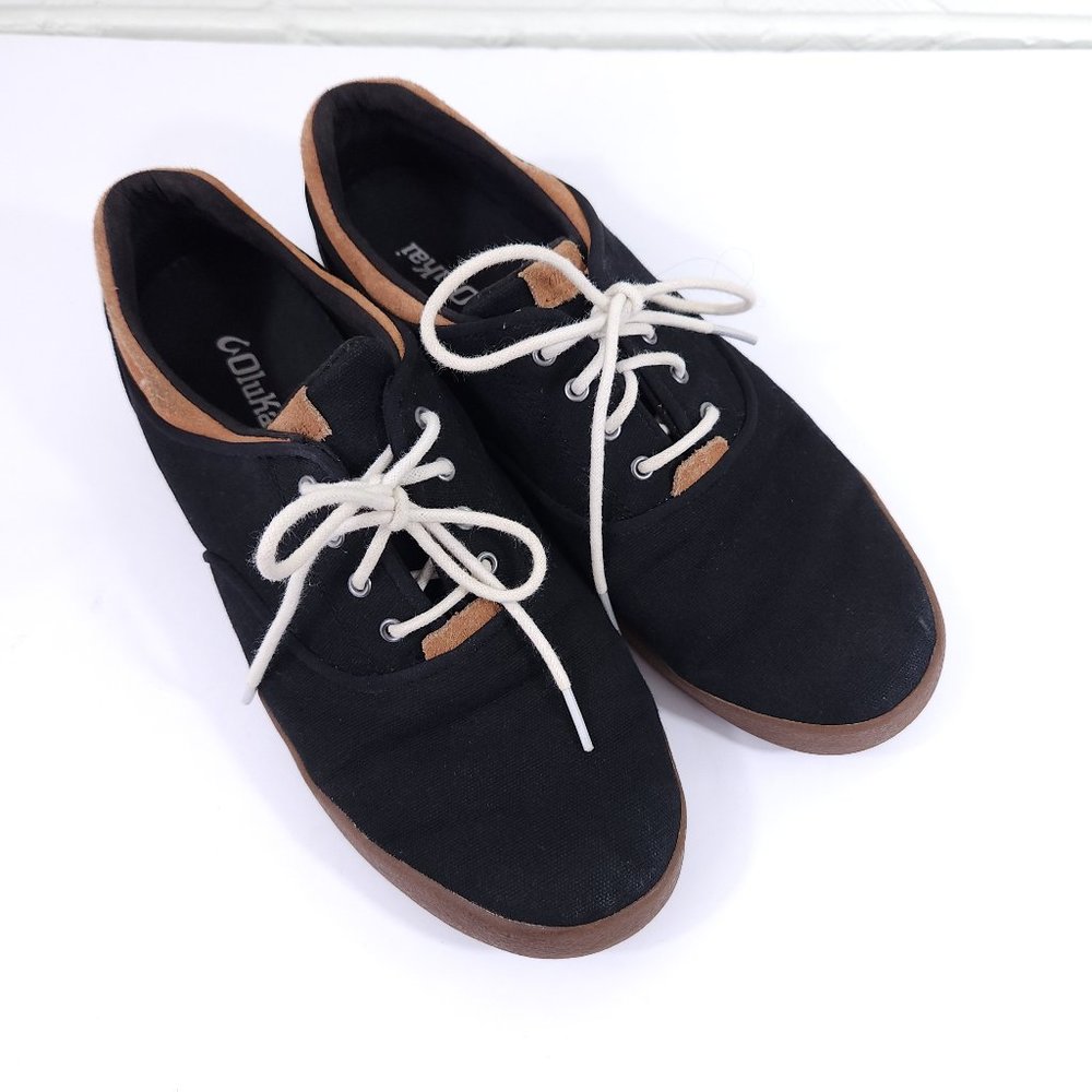 Olukai Makani Black Canvas Lace Up Casual Sneaker Tan Leather Accents 10